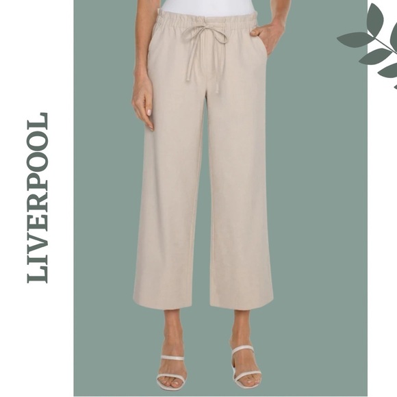 Liverpool Pants - LIVERPOOL PULL ON TIE WAIST WIDE LEG ANKLE Pant Elastoc Waist Tan Size XS